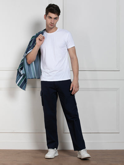 Men's Solid Navy Blue Stretchable Cargo Trousers