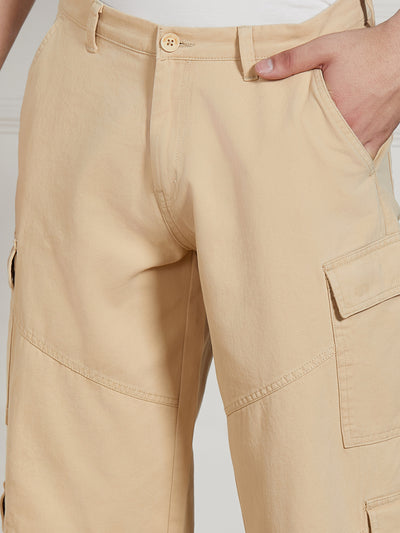 Men's Light Khaki Cotton Lycra Solid Stretchable Relaxed fit Cargo Trousers