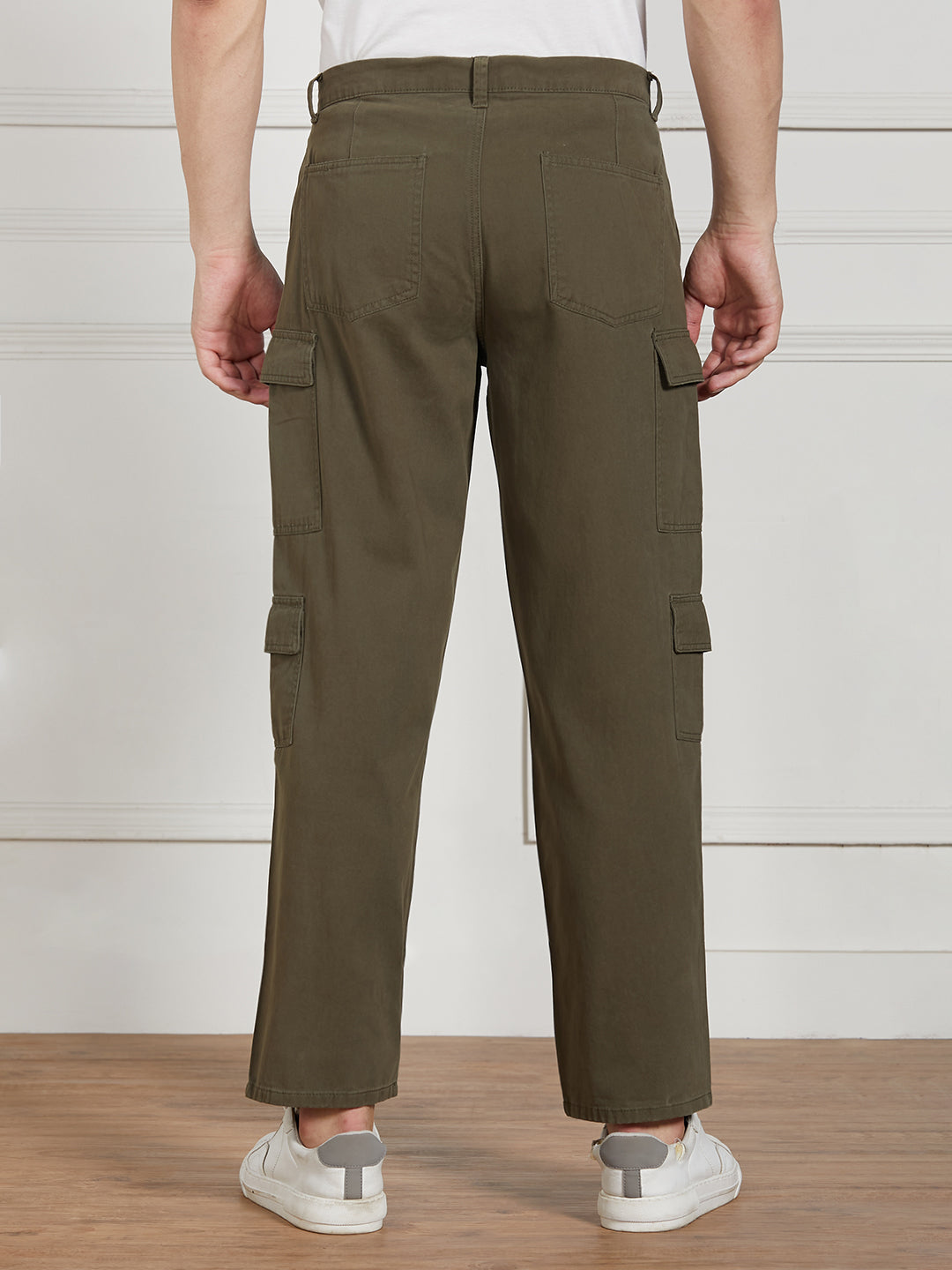 Men's Olive Cotton Lycra Solid Stretchable Relaxed fit Cargo Trousers