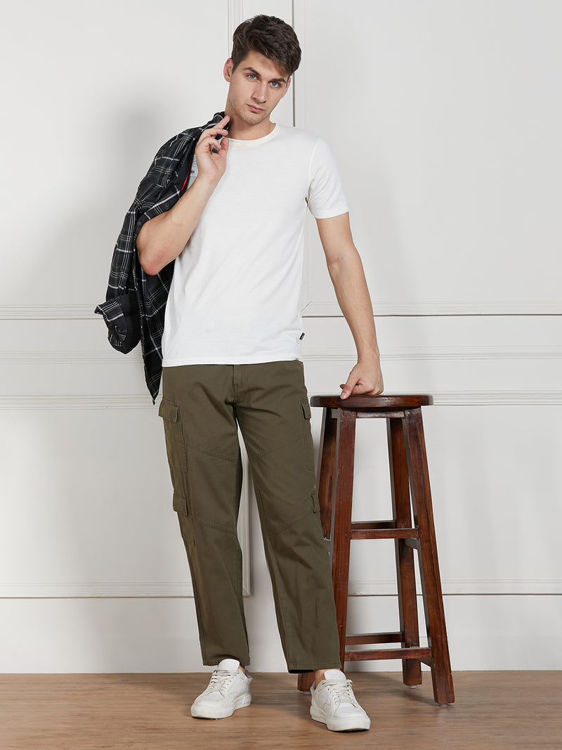 Men's Olive Cotton Lycra Solid Stretchable Relaxed fit Cargo Trousers