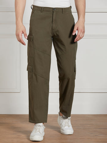 Men's Olive Cotton Lycra Solid Stretchable Relaxed fit Cargo Trousers