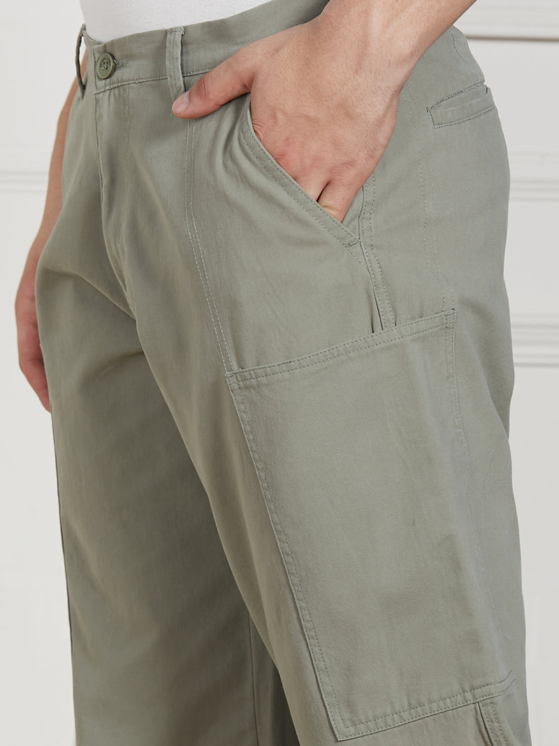Dennis Lingo Men Sage Green Cotton Lycra Solid Stretchable Relaxed fit Cargo Trousers