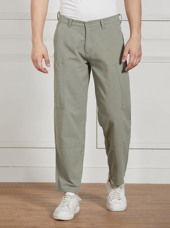 Men's Sage Green Cotton Lycra Solid Stretchable Relaxed fit Cargo Trousers