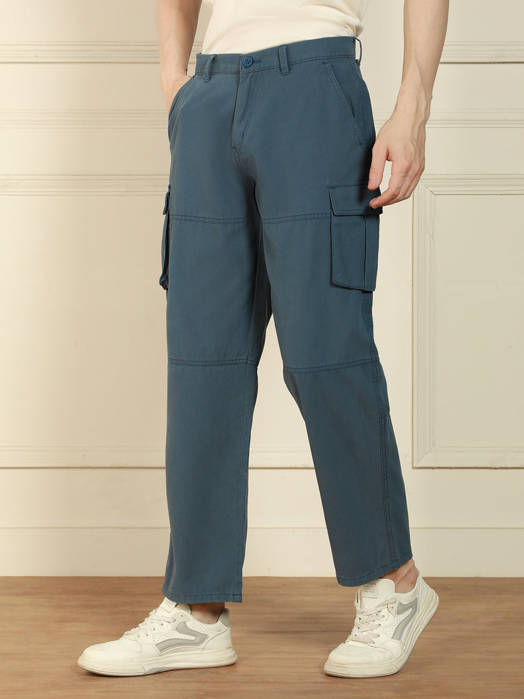 Dennis Lingo Men's Denim blue Relaxed Fit Solid Cotton Lycra Stretchable Trousers