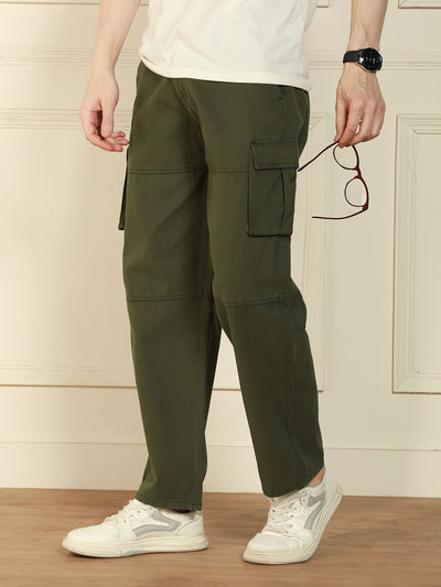 Dennis Lingo Men's Olive Relaxed Fit Solid Cotton Lycra Stretchable Trousers