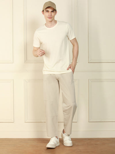 Men's Cream Relaxed Fit Solid Cotton Lycra Stretchable Trousers