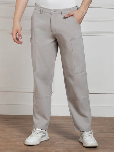 Men's Solid Light Grey Relaxed fit Stretchable Cargo Trousers