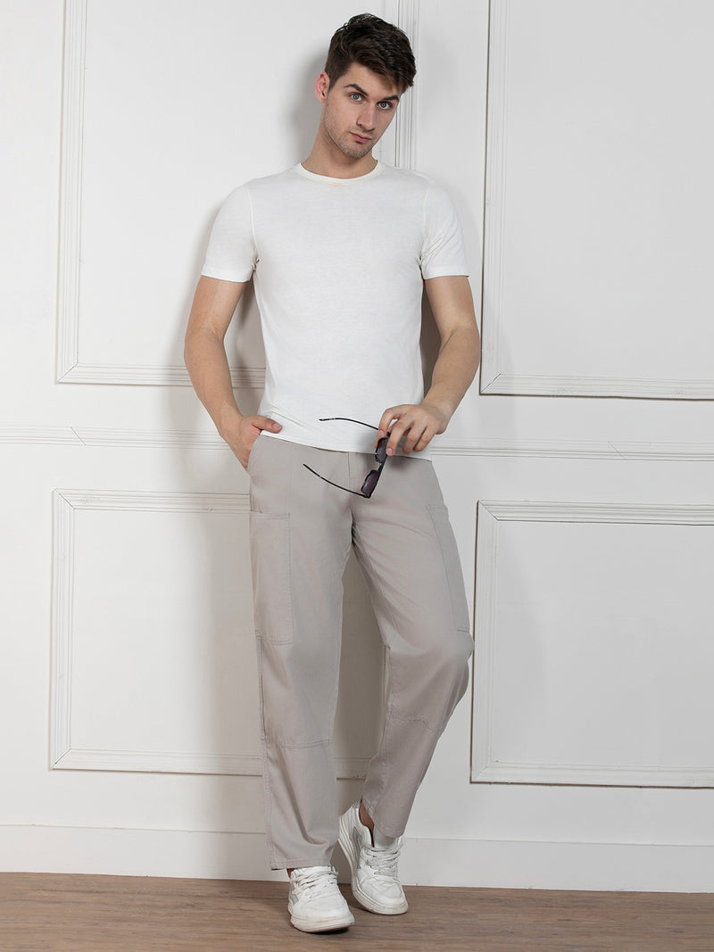 Men's Solid Light Grey Relaxed fit Stretchable Cargo Trousers