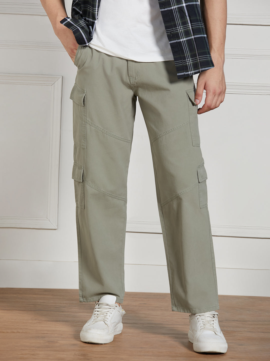 Men's Sage Green Cotton Lycra Solid Stretchable Relaxed fit Cargo Trousers