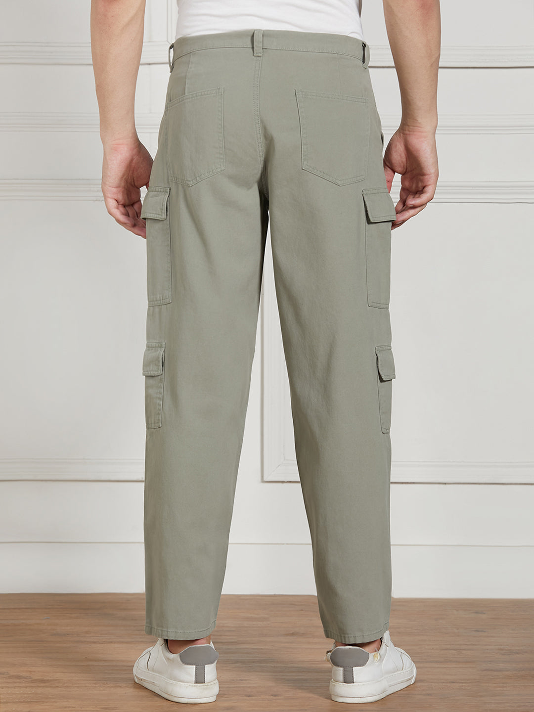 Men's Sage Green Cotton Lycra Solid Stretchable Relaxed fit Cargo Trousers