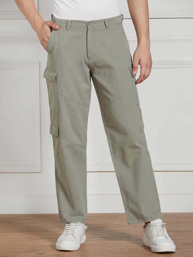 Men's Sage Green Cotton Lycra Solid Stretchable Relaxed fit Cargo Trousers