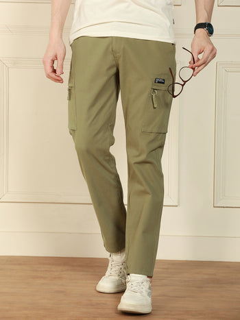 Men's Light Olive Straight Fit Solid Cotton Lycra Stretchable Trousers