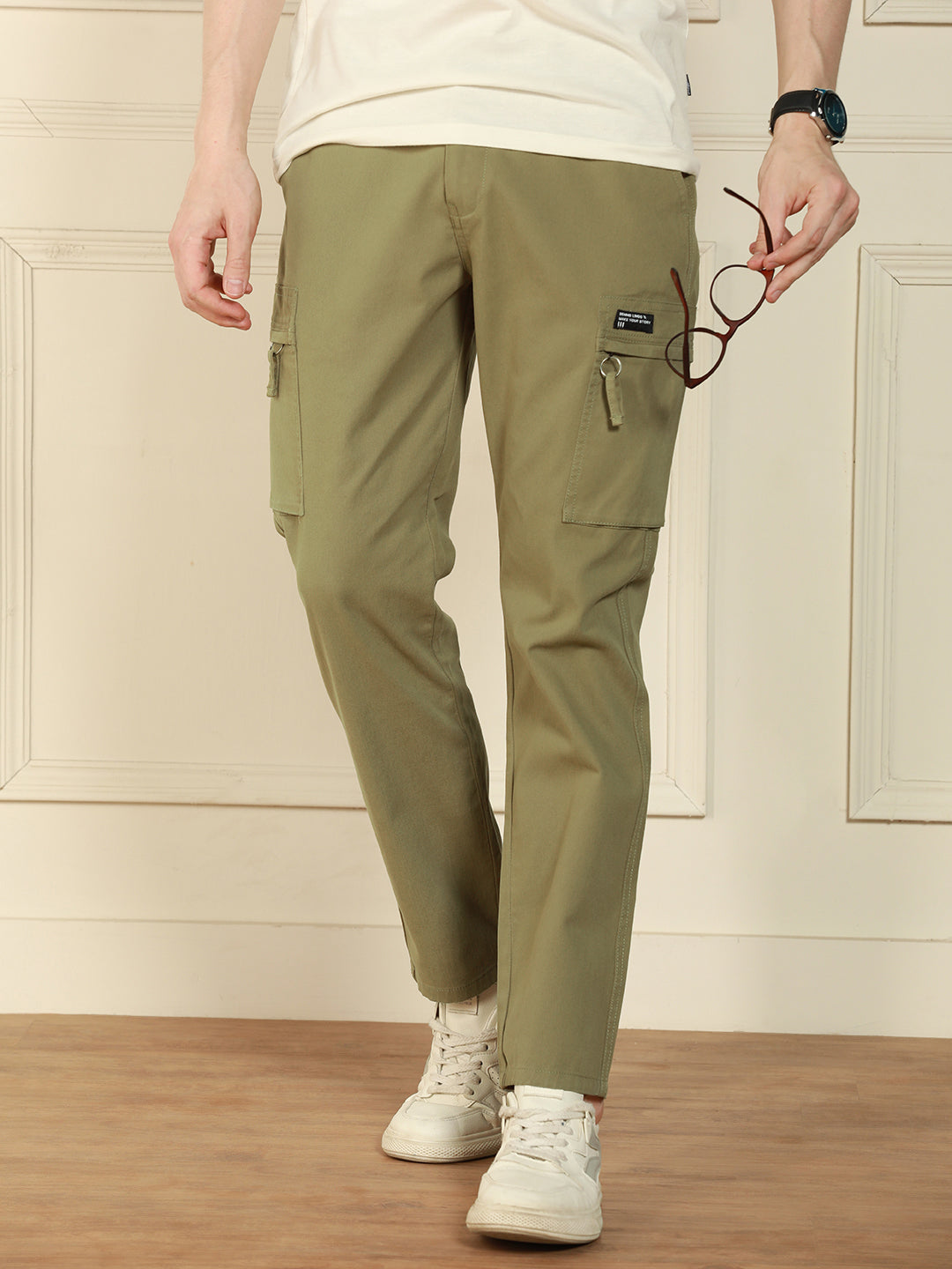 Dennis Lingo Men's Light Olive Straight Fit Solid Cotton Lycra Stretchable Trousers