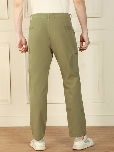 Men's Light Olive Straight Fit Solid Cotton Lycra Stretchable Trousers