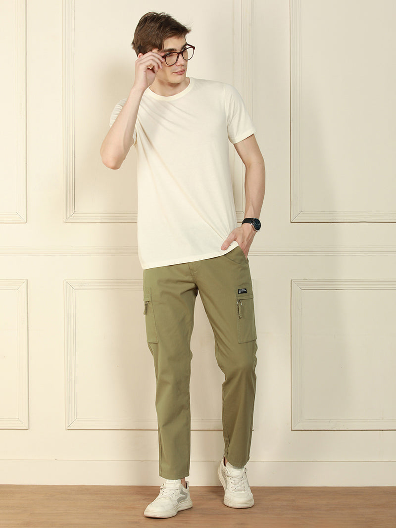 Men's Light Olive Straight Fit Solid Cotton Lycra Stretchable Trousers