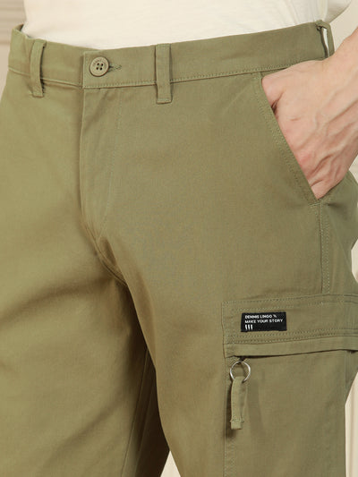 Dennis Lingo Men's Light Olive Straight Fit Solid Cotton Lycra Stretchable Trousers