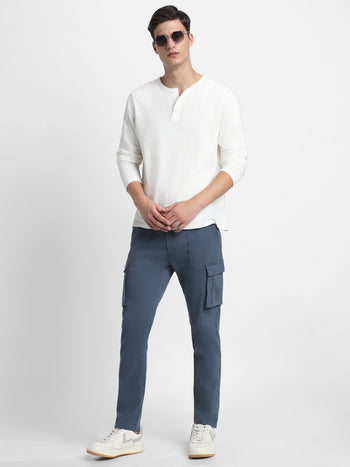 Men's Denim Blue Solid Cargo Trousers