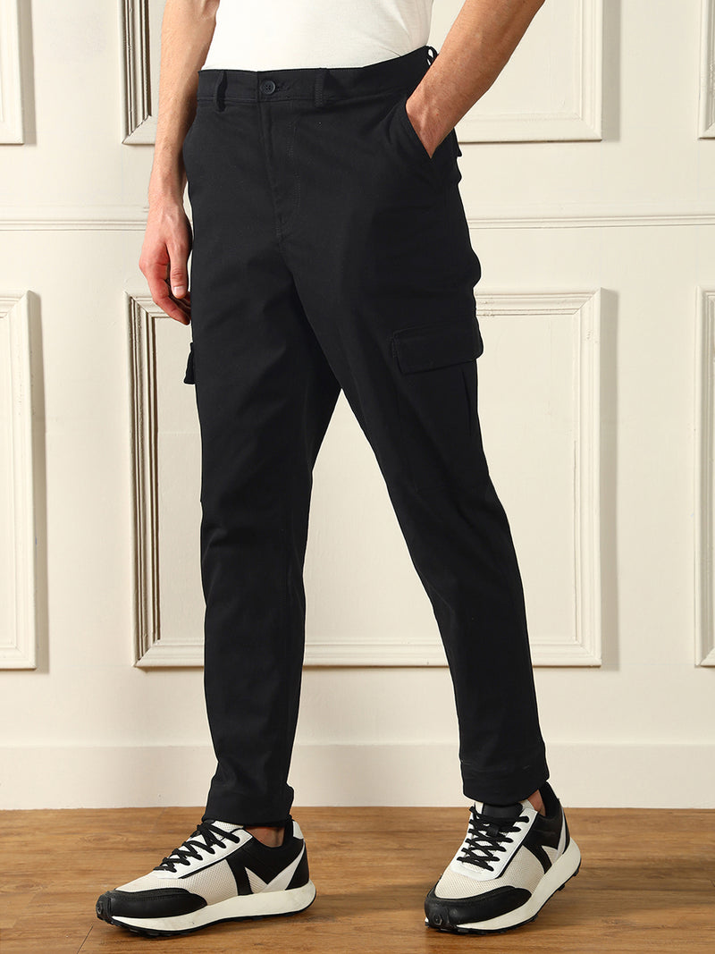 Men's Black Solid Straight fit Stretchable Cargo Trousers