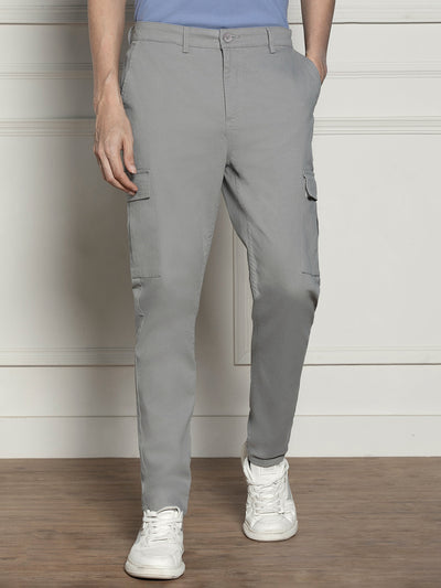 Men's Mid Grey Solid Stretchable Cargo Trousers