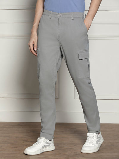 Men's Mid Grey Solid Stretchable Cargo Trousers