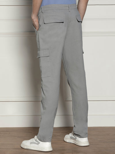 Men's Mid Grey Solid Stretchable Cargo Trousers