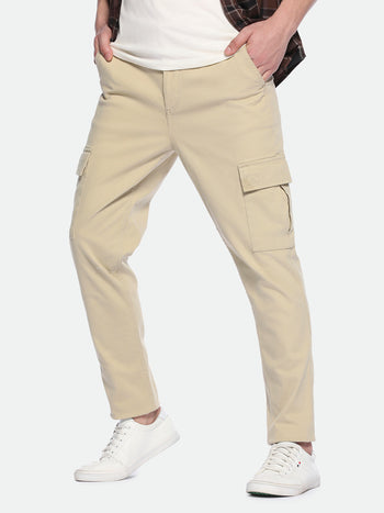 Men's Light Khaki Solid Stretchable Cargo Trousers