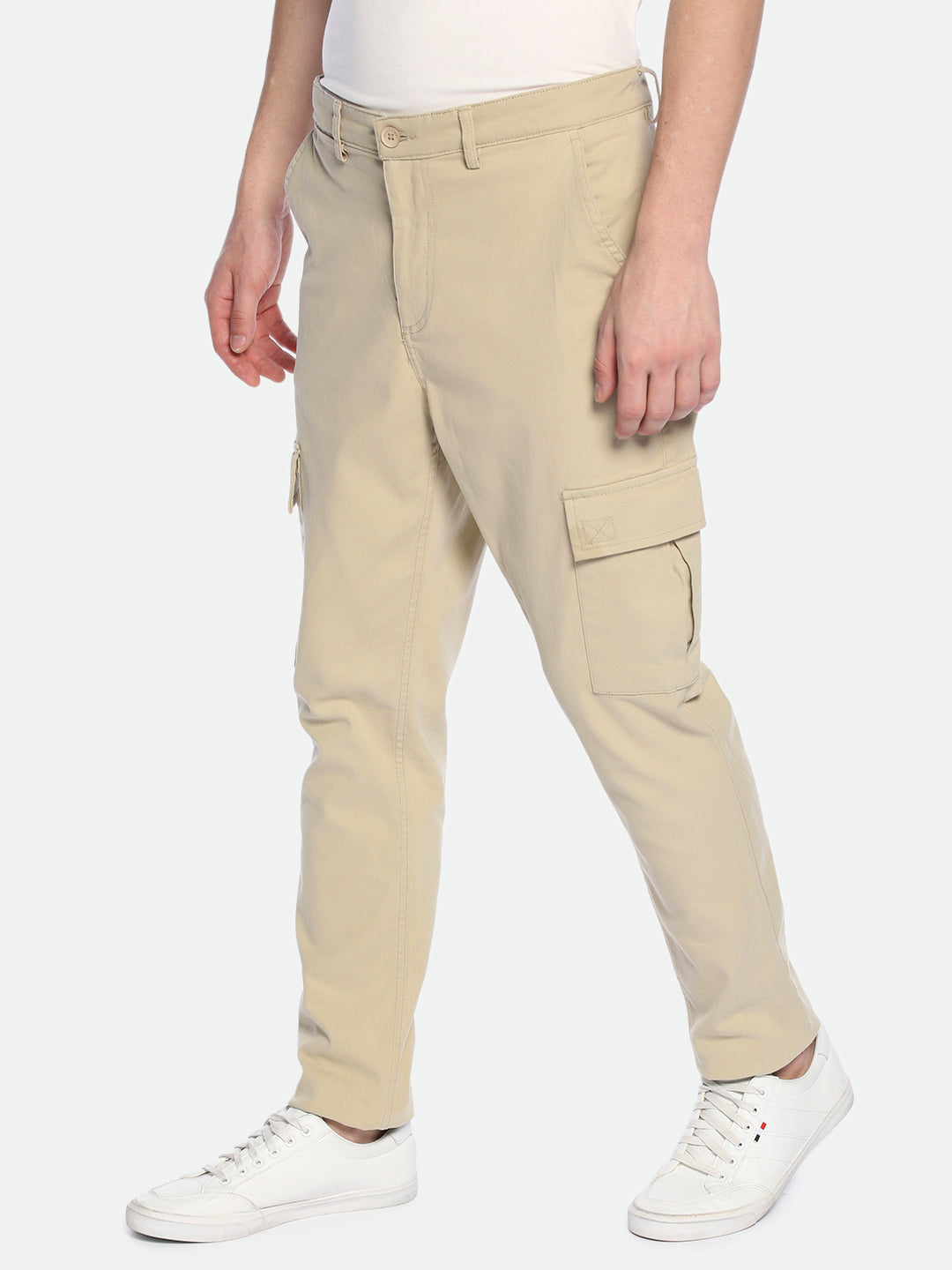 Men's Light Khaki Solid Stretchable Cargo Trousers