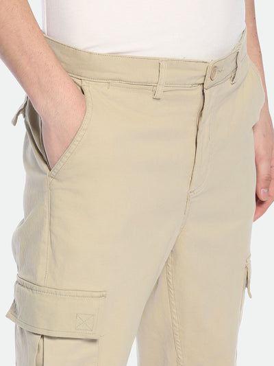 Men's Light Khaki Solid Stretchable Cargo Trousers