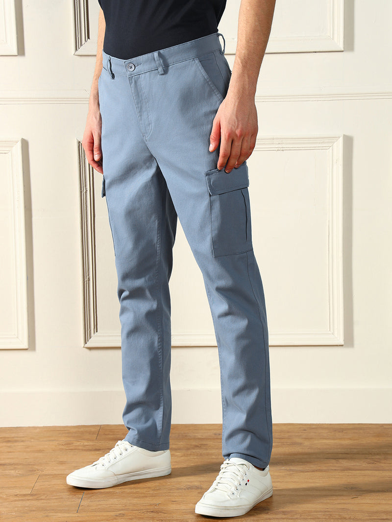 Men's Steel Blue Solid Stretchable Cargo Trousers