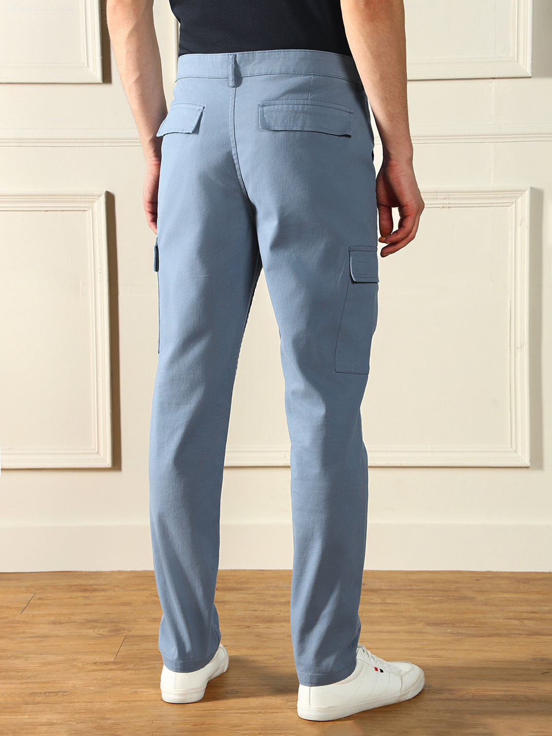 Men's Steel Blue Solid Stretchable Cargo Trousers