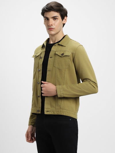 Men's Regular Fit Long Sleeve Button Down Panel Denim Jacket Lightweight Trucker Jacket (Olive)