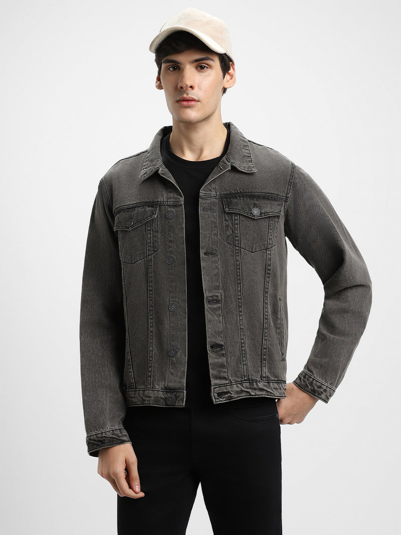 Men's Grey Washed Regular Fit Fit Collar Full Sleeves Denim Jacket Denim Jacket