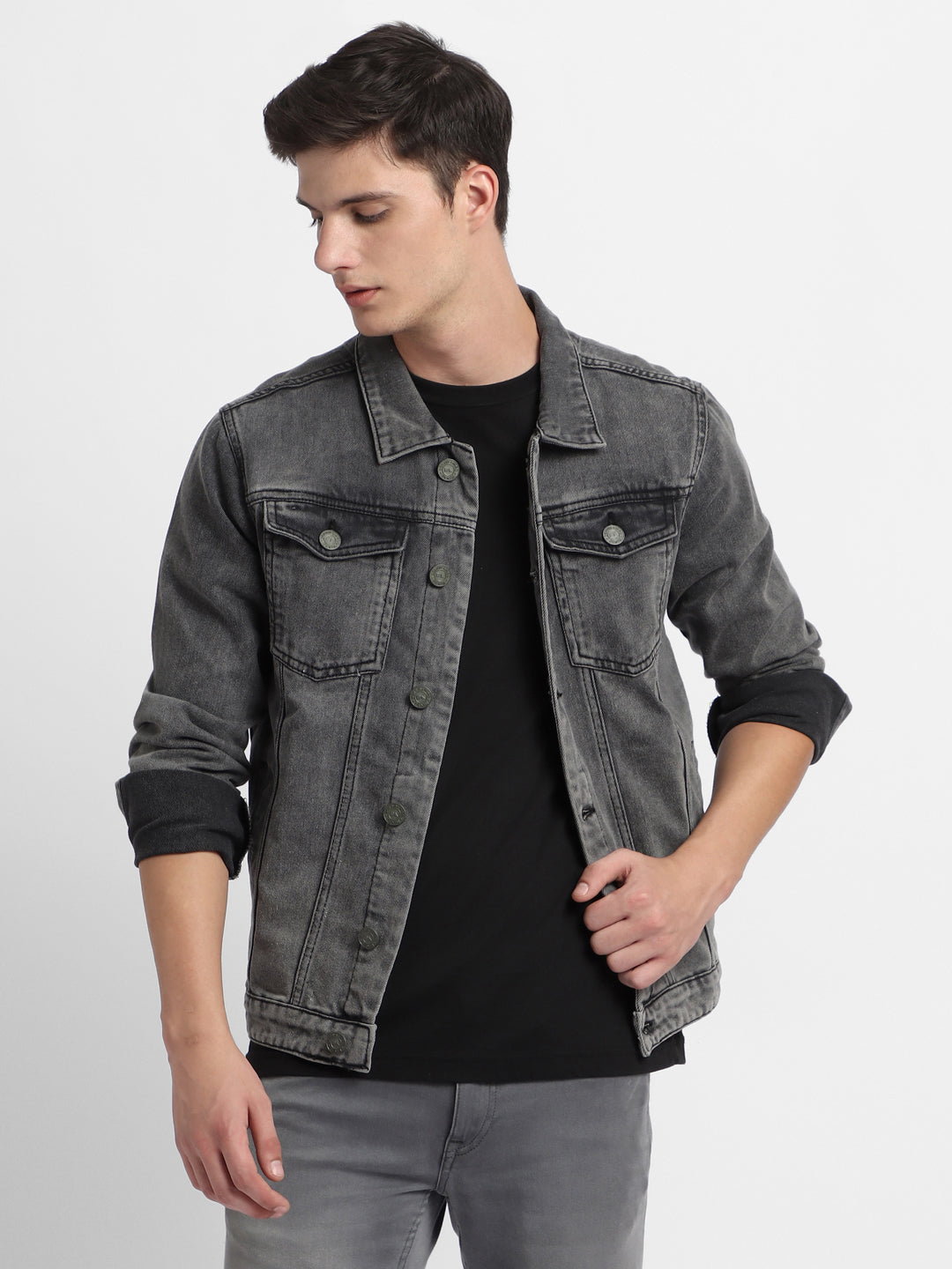 Men's Grey Washed Regular Fit Fit Collar Full Sleeves Trucker Denim Jacket