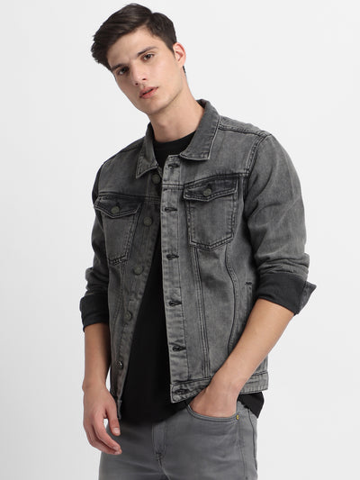 Men's Grey Washed Regular Fit Fit Collar Full Sleeves Trucker Denim Jacket