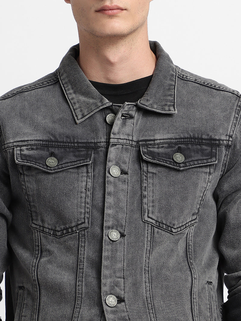 Men's Grey Washed Regular Fit Fit Collar Full Sleeves Trucker Denim Jacket