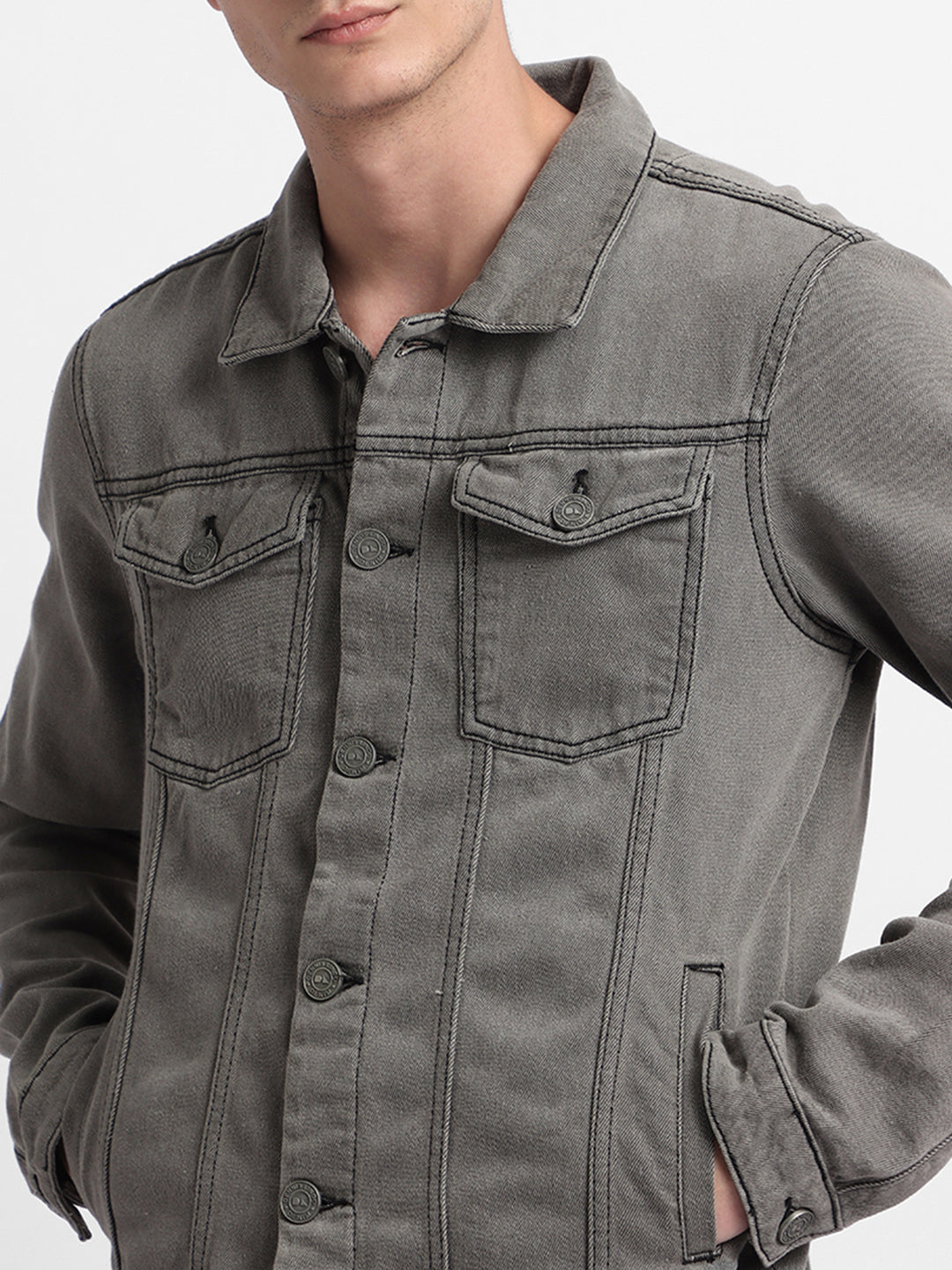 Men's Grey Washed Regular Fit Fit Collar Full Sleeves Trucker Denim Jacket