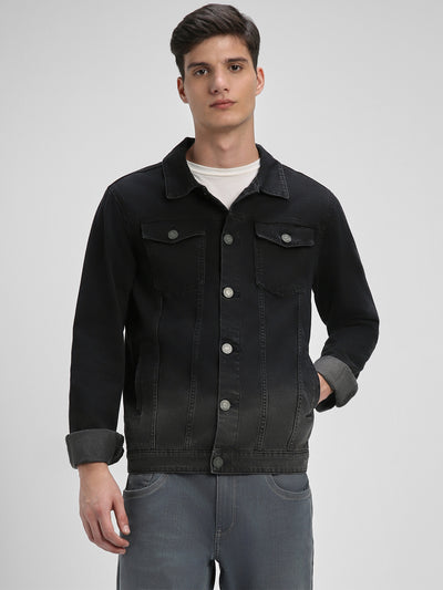 Men's Black Washed Regular Fit Collar Full Sleeves  Denim Trucker Jacket