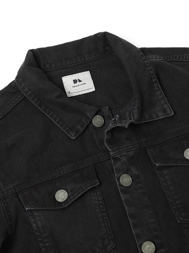 Men's Black Washed Regular Fit Collar Full Sleeves  Denim Trucker Jacket