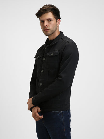 Men's Black Washed Regular Fit Spread Collar Full Sleeves Denim Trucker Jacket