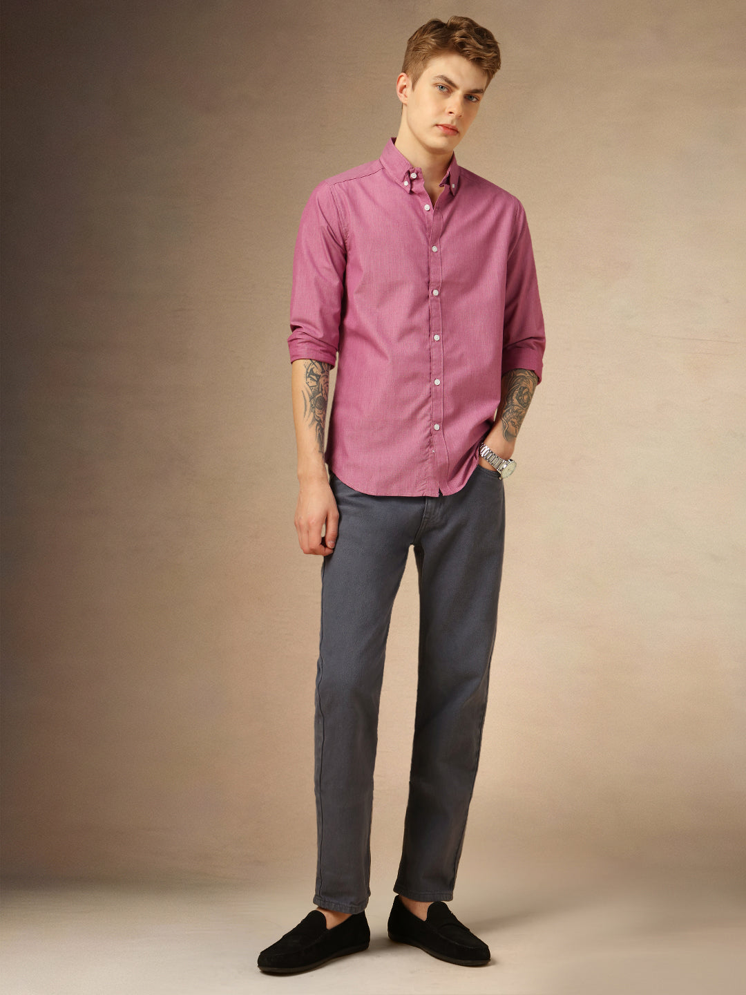 Men's Pink Solid Button Down Collar Full Sleeves Shirt