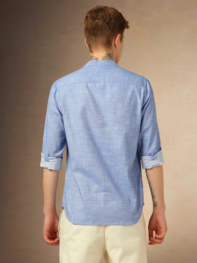 Men's Blue Solid Mandarin Collar Full Sleeves Shirt