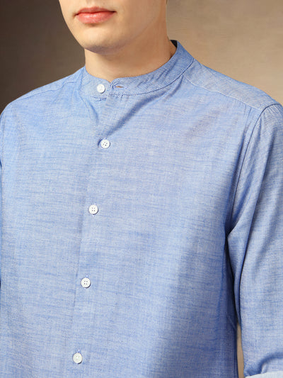 Men's Blue Solid Mandarin Collar Full Sleeves Shirt