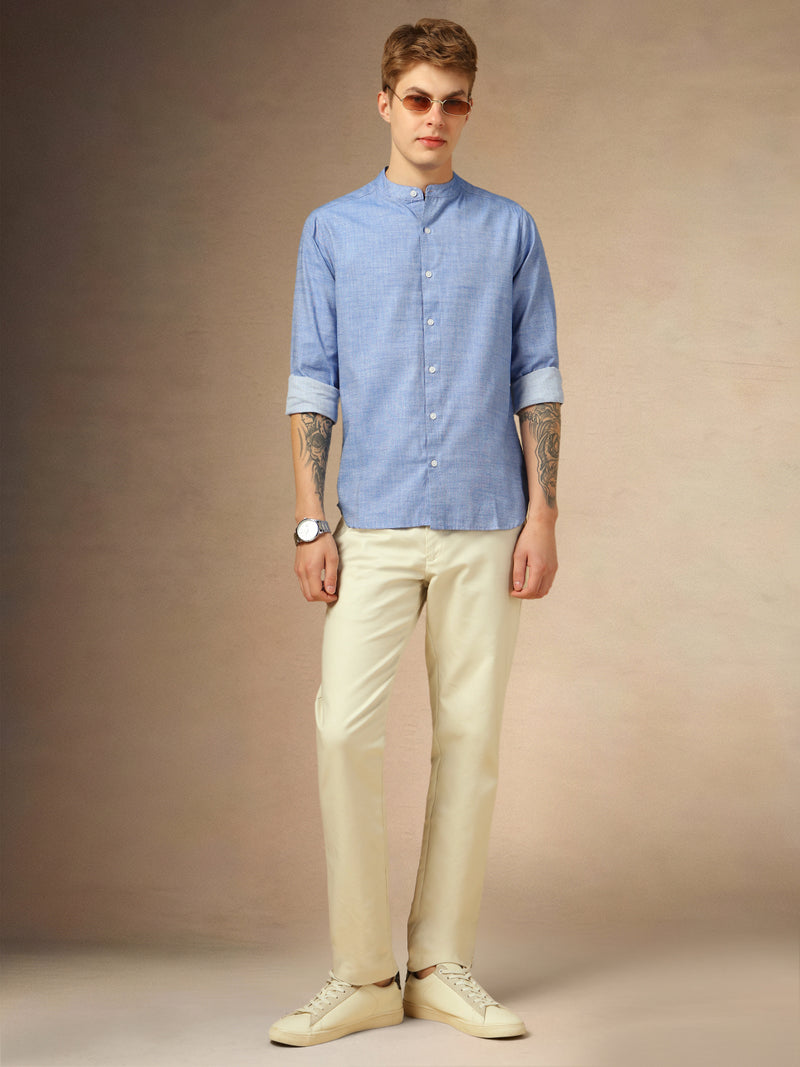 Men's Blue Solid Mandarin Collar Full Sleeves Shirt