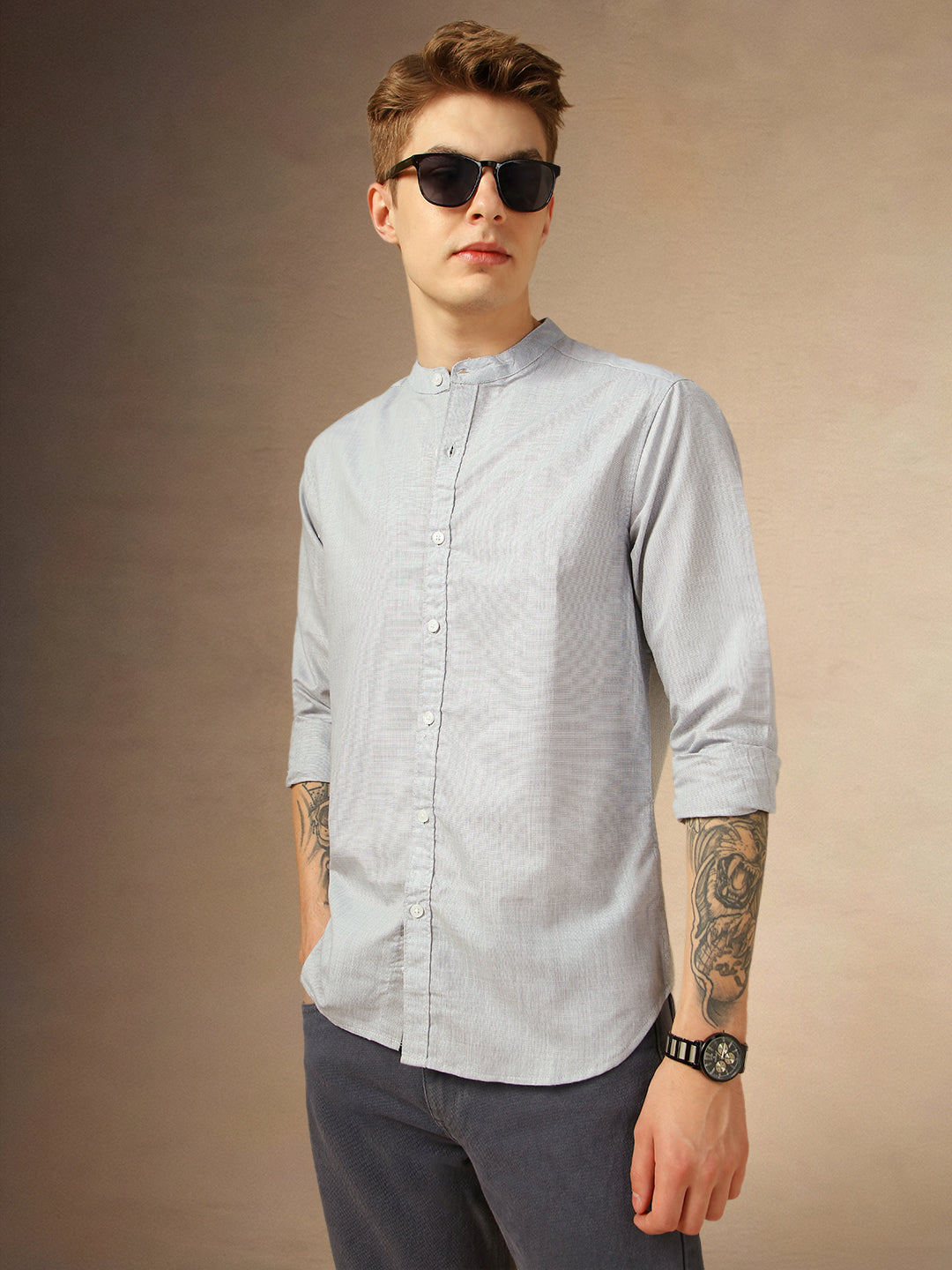 Men's Grey Solid Mandarin Collar Full Sleeves Shirt