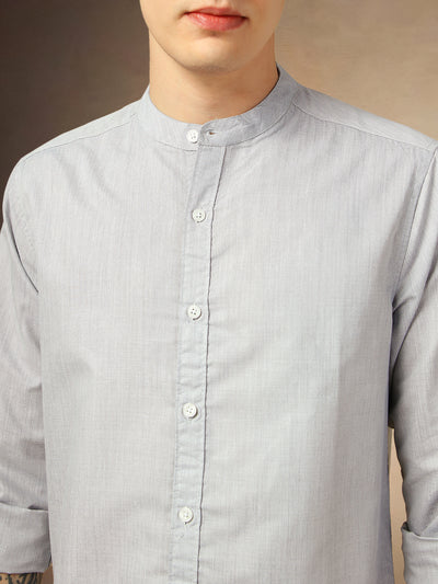 Men's Grey Solid Mandarin Collar Full Sleeves Shirt