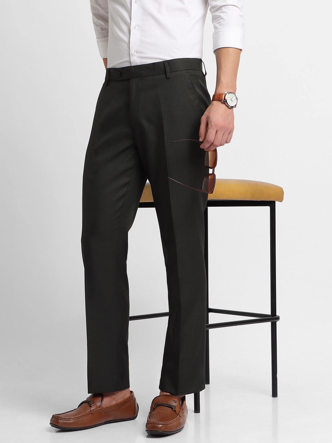 Men's Olive Solid Formal Trousers