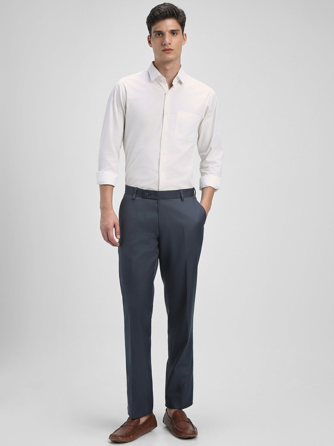 Men's Mid Grey Solid Formal Trousers