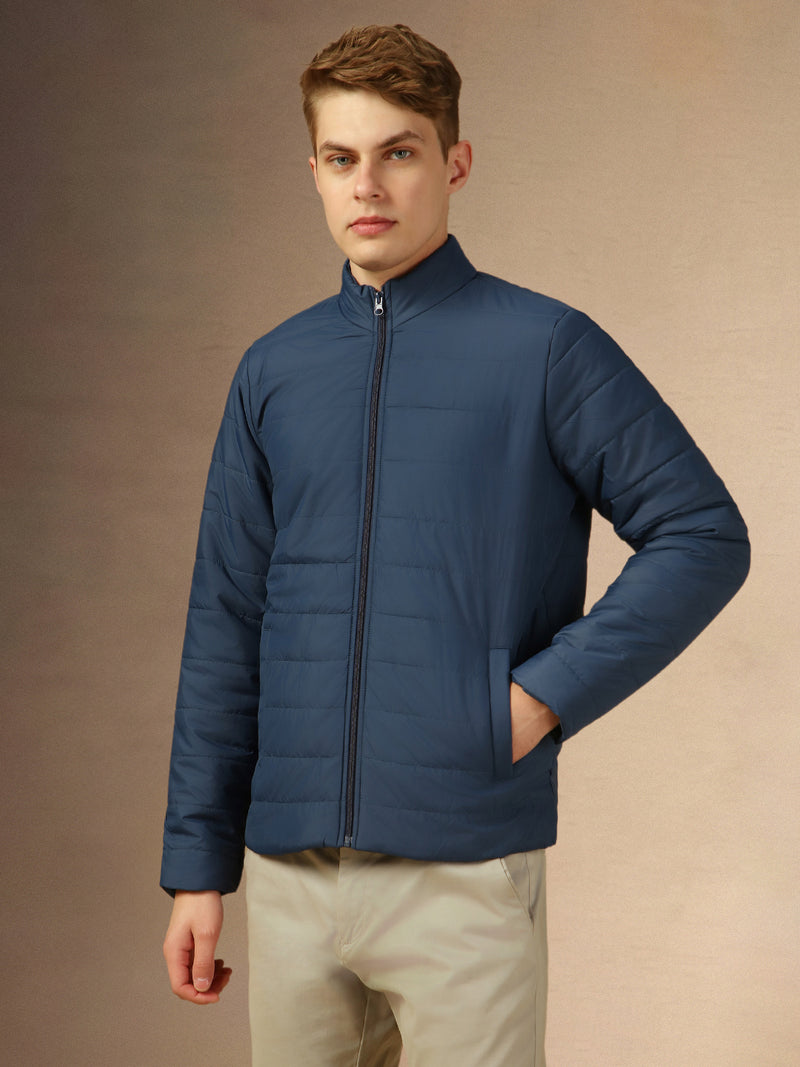 Men's Blue Solid Mock Neck Full Sleeves Regular Fit Padded Jacket