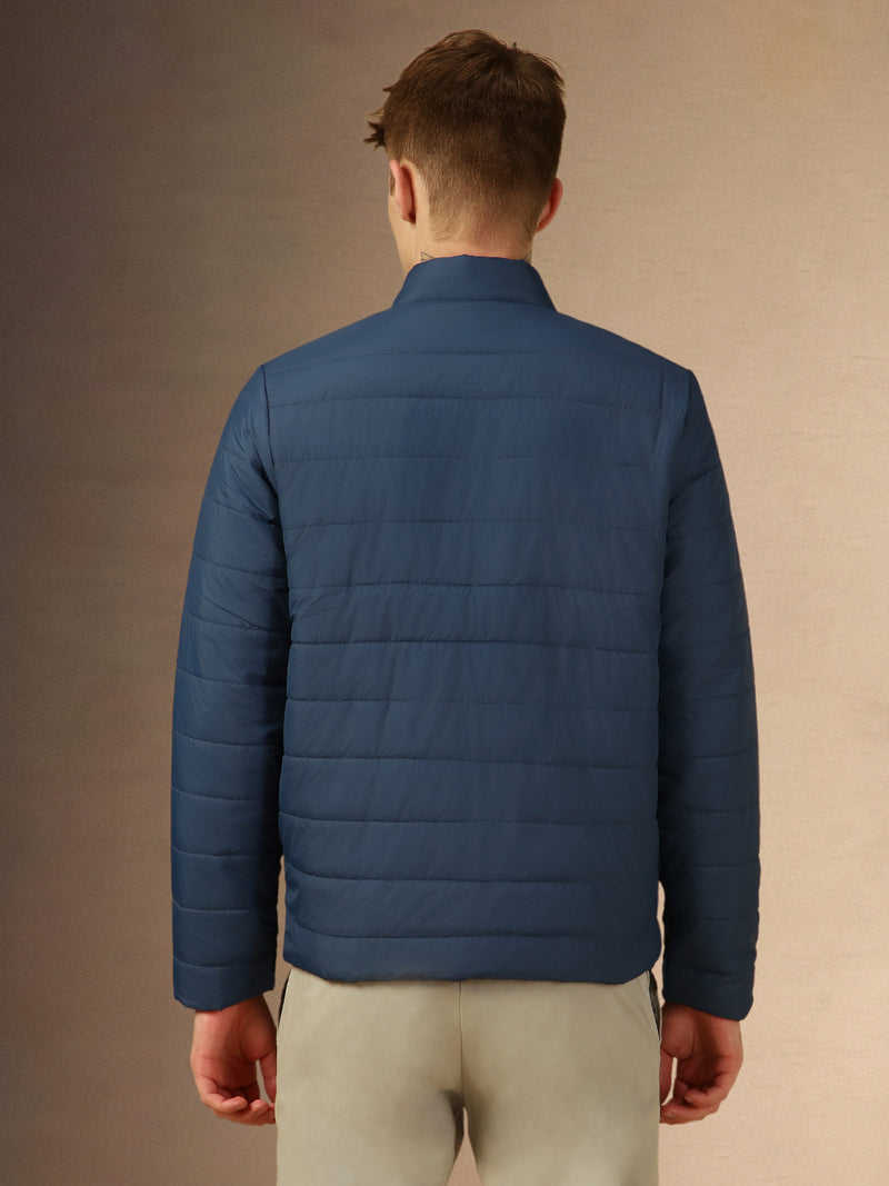 Men's Blue Solid Mock Neck Full Sleeves Regular Fit Padded Jacket