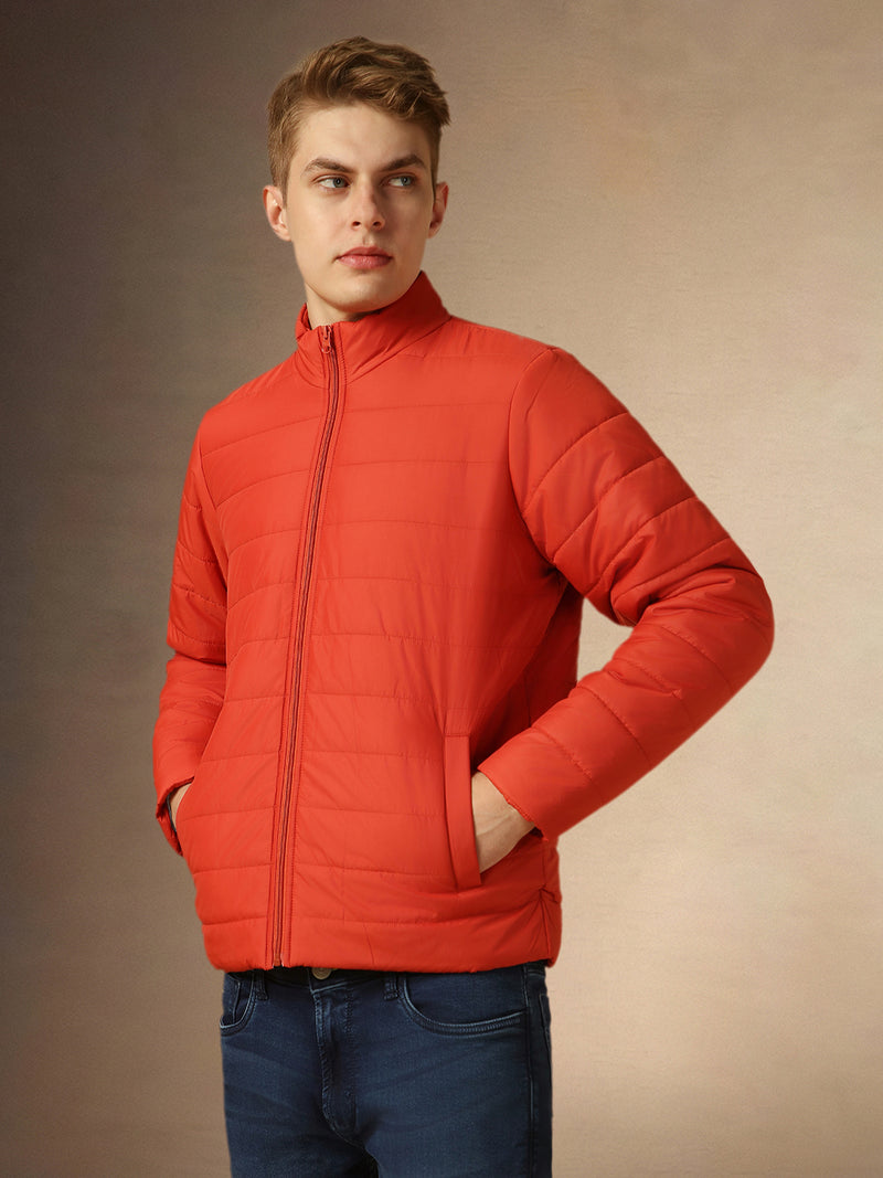 Men's Rust Mock Neck Full Sleeves Regular Fit Padded Jacket